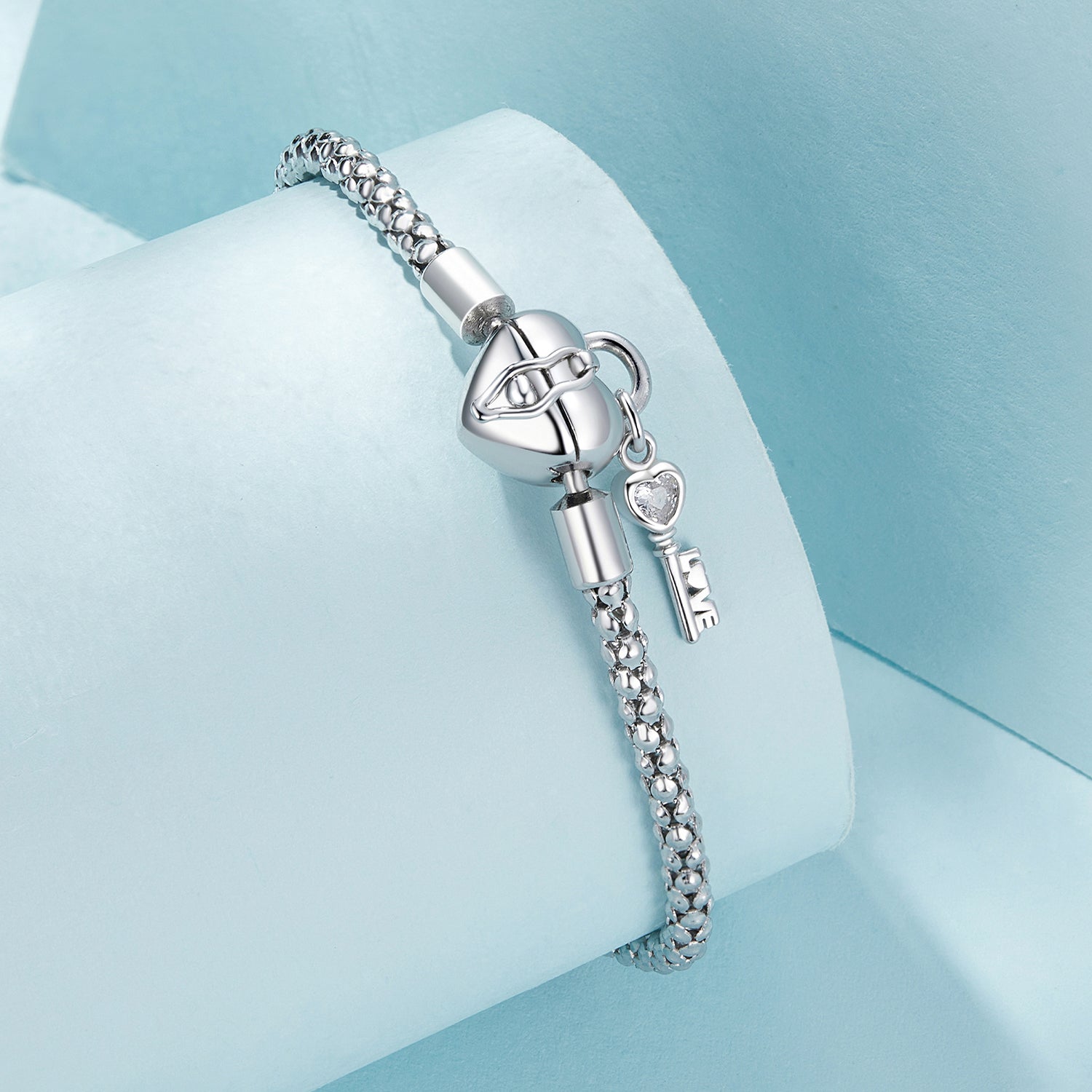 Silver Bracelet Heart Lock Key CZ 19cm Chain For Sale - sursenso Bracelet