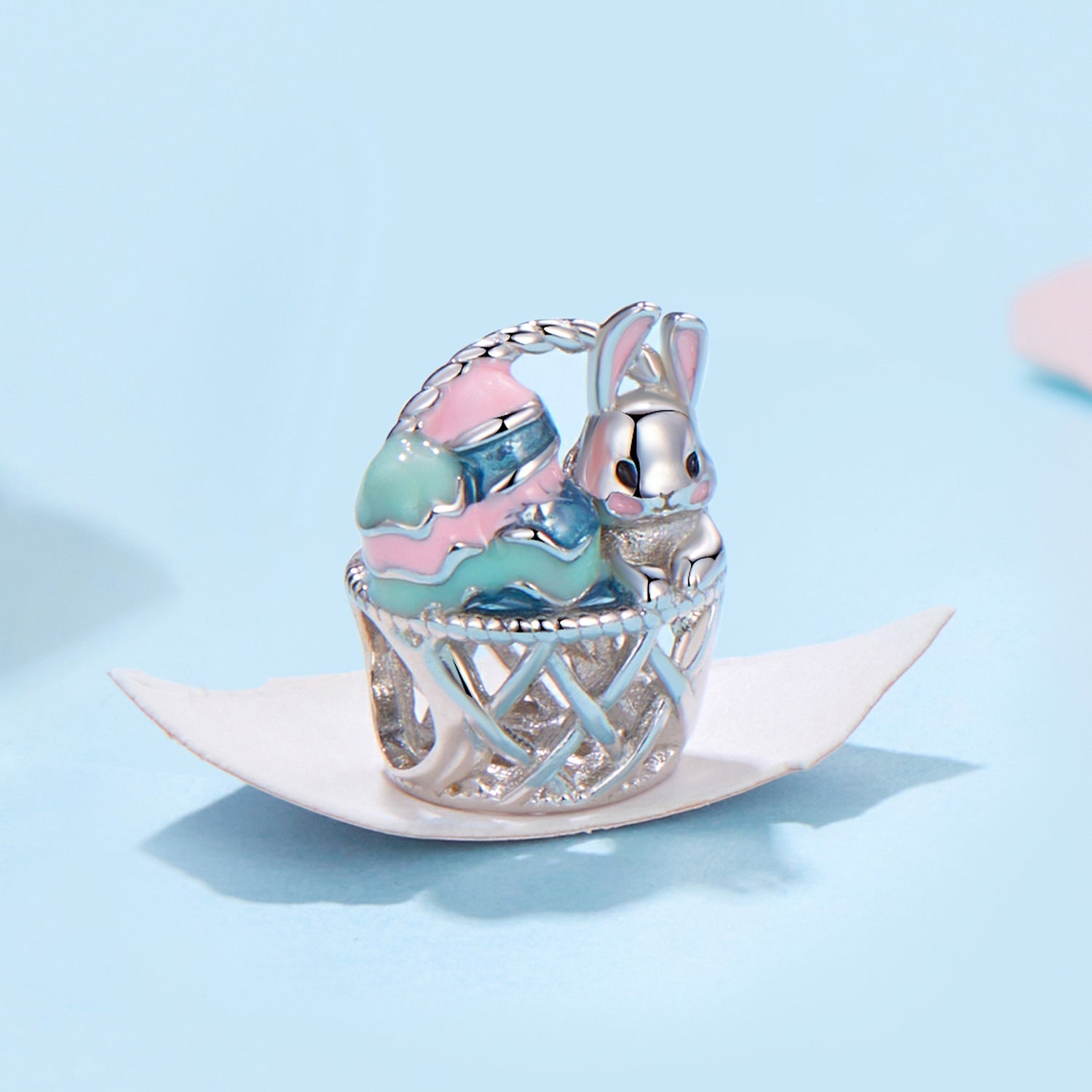 Silver Charm Bunny Egg Basket Charm For Sale - sursenso Charm