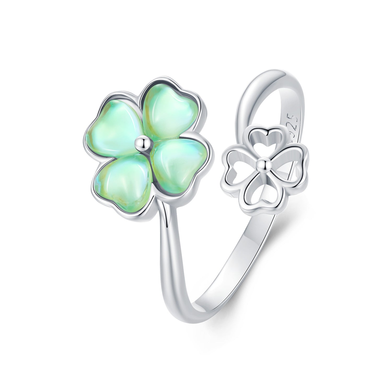 Silver Ring Four Leaf Clover Glass Open Ring For Sale - sursenso Open Rings