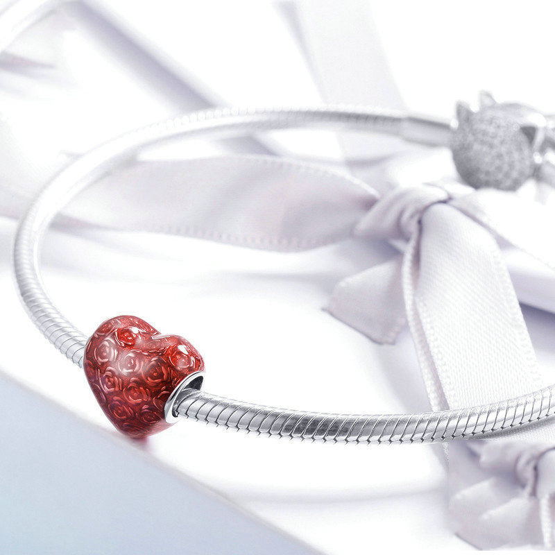Silver Charm Red Rose Flower in Heart Charm For Sale - sursenso Charm