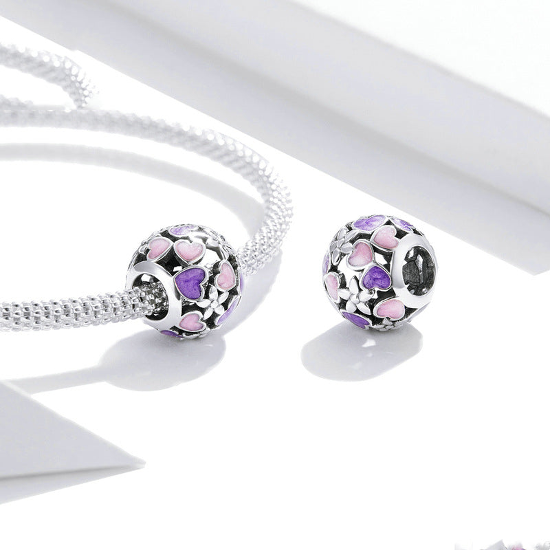 Silver Charm Purple Crystal Heart Bead Pattern Round Charm For Sale - sursenso Charm