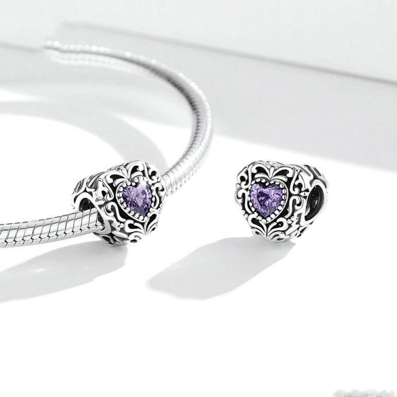 Silver Charm Purple Crystal Bead Pattern Heart CZ Charm For Sale - sursenso Charm