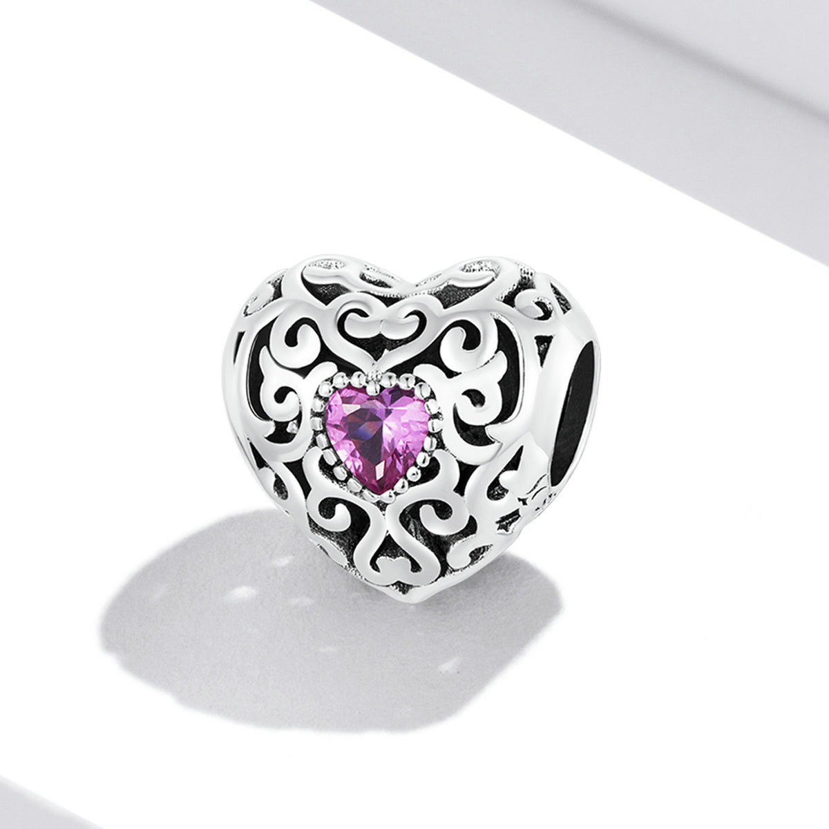 Silver Charm Vinatge Pattern Pink Heart CZ Charm For Sale - sursenso Charm