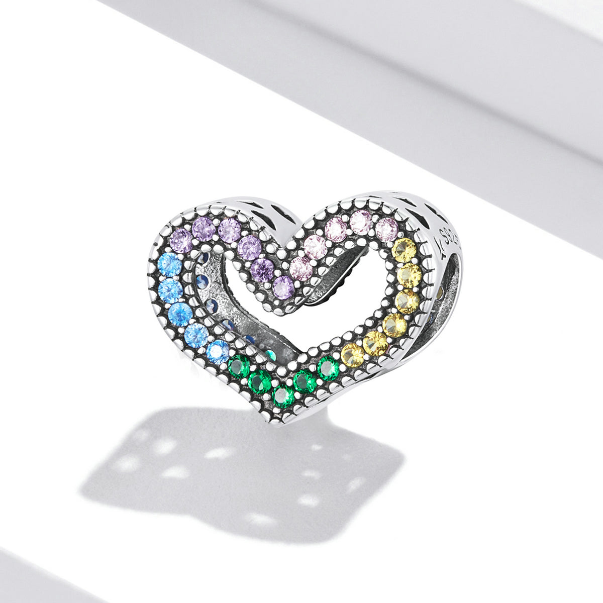 Silver Charm Rainbow Hollow Heart CZ Charm For Sale - sursenso Charm