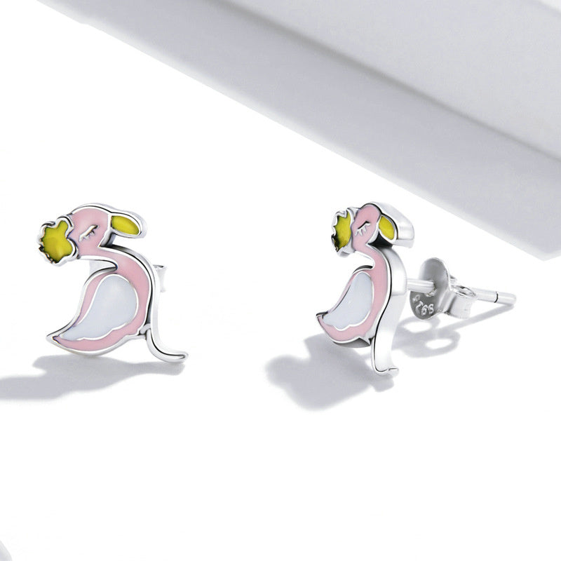 Silver Earrings Cute Pink Flamingo Enamel Stud Earrings For Sale - sursenso Earring