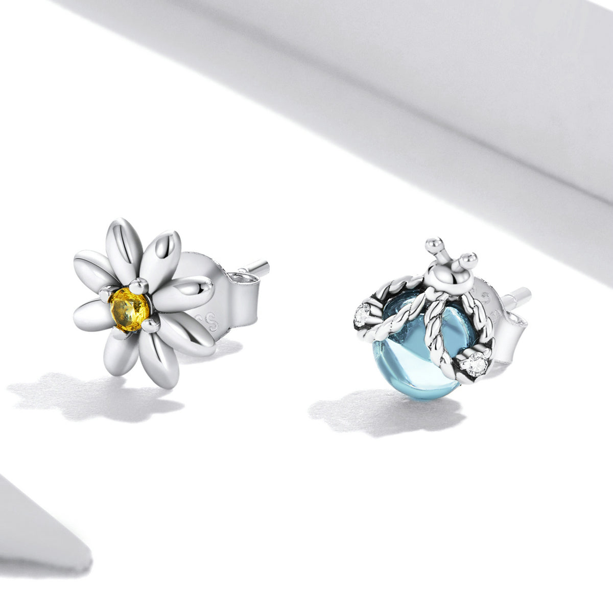 Silver Earrings Daisy & Ladybug Asymmetrical Design CZ Stud Earrings For Sale - sursenso Earring