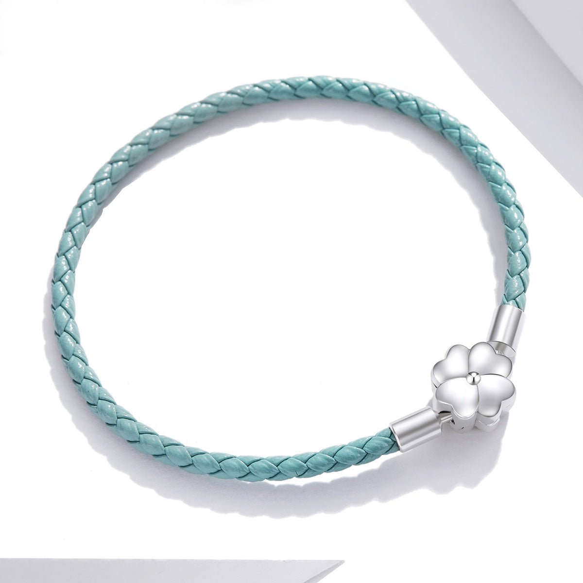 Silver Bracelet Green Gradient Four Leaf Clover Leather Woven Bracelet Clasp Bangle For Sale - sursenso Bracelet