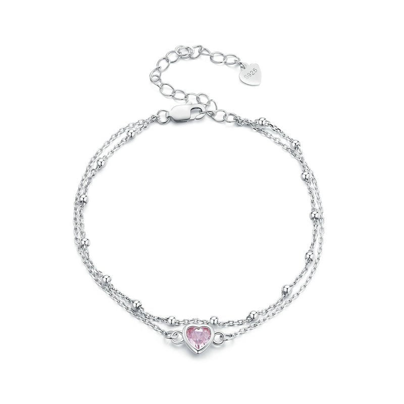 Silver Bracelet Heart Shaped Double Layer CZ Chain Adjustable For Sale - sursenso Bracelet