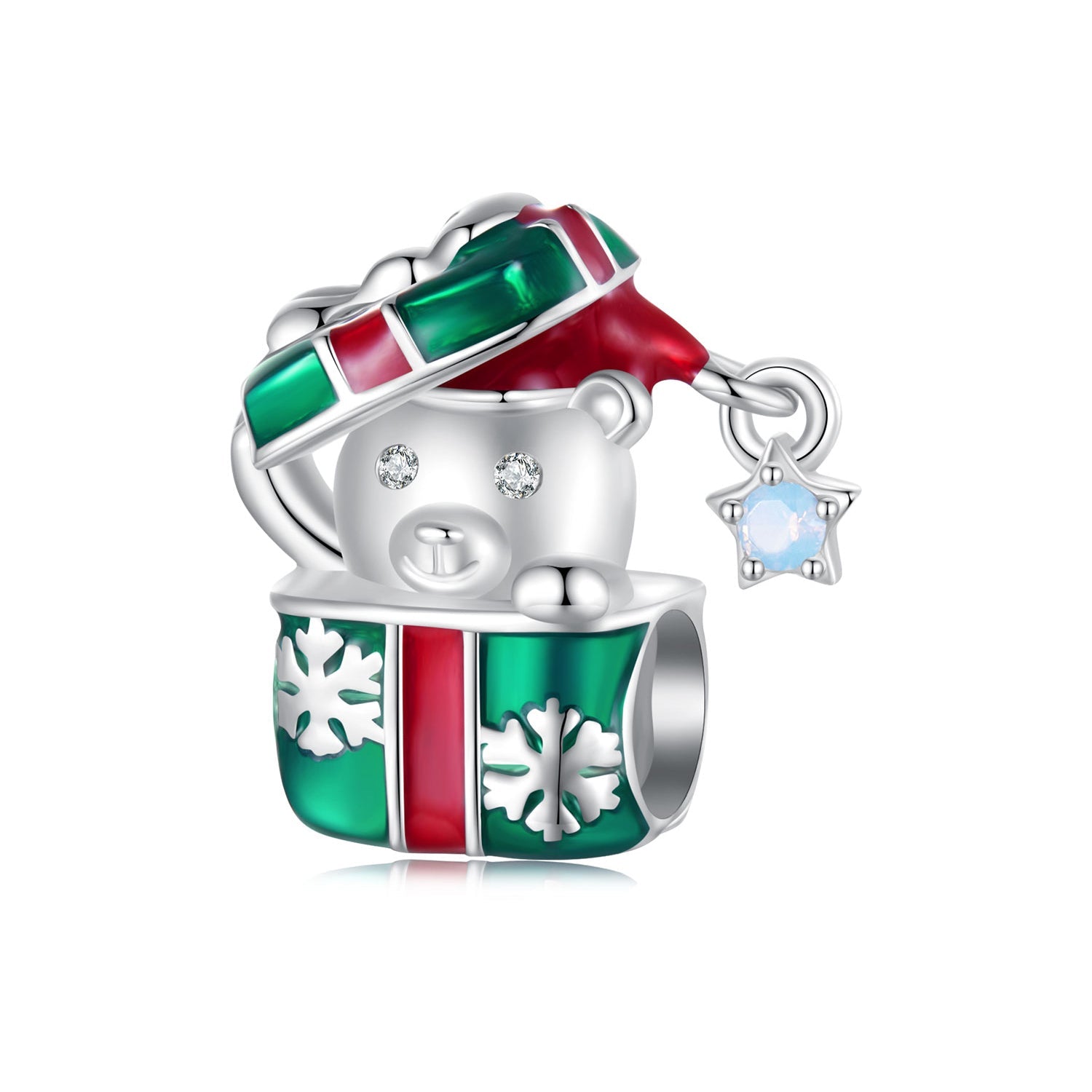 Silver Charm Bear Christmas Gift Box CZ Charm For Sale - sursenso Charm