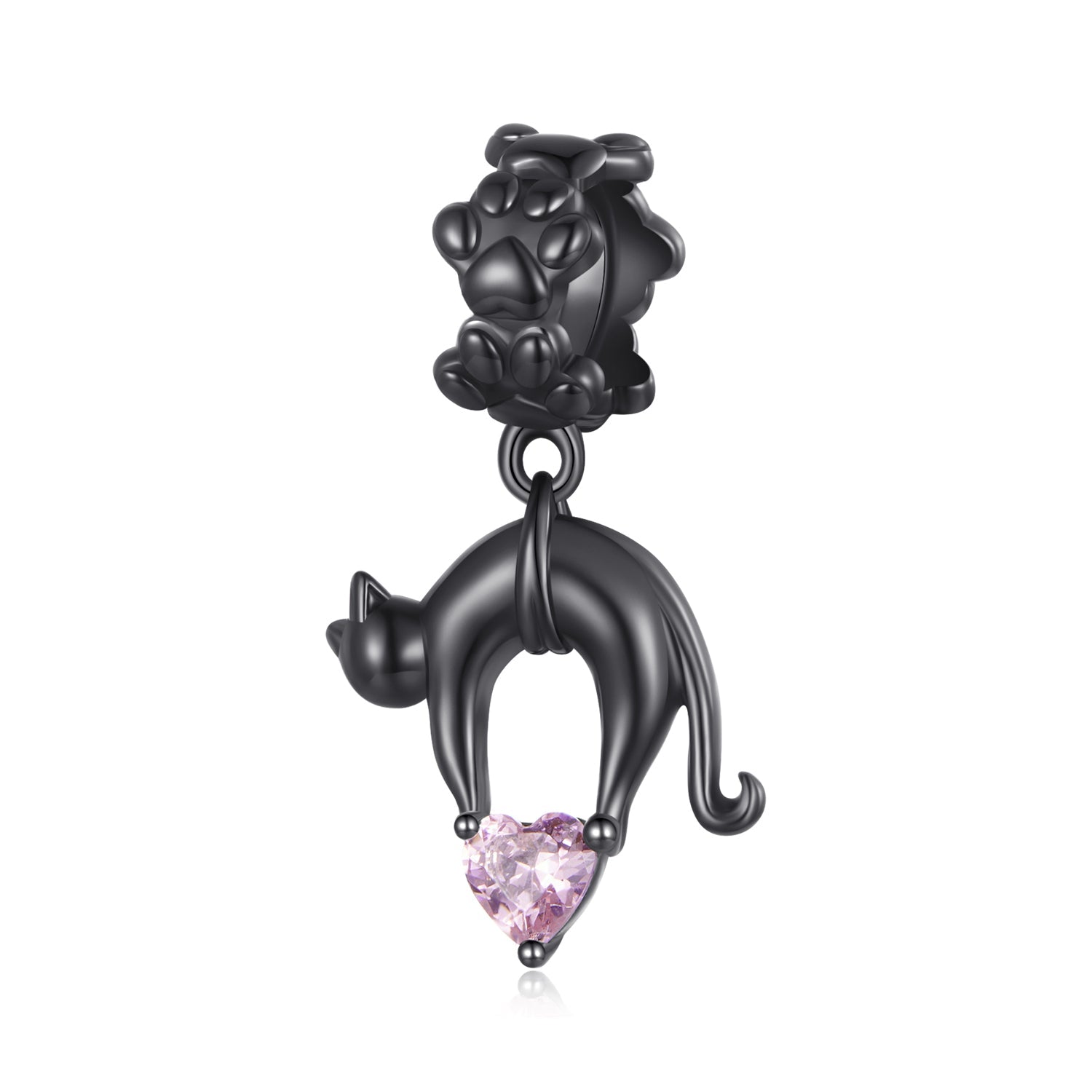 Silver Charm Black Cat Pink Love Heart CZ Dangle Charm For Sale - sursenso Charm