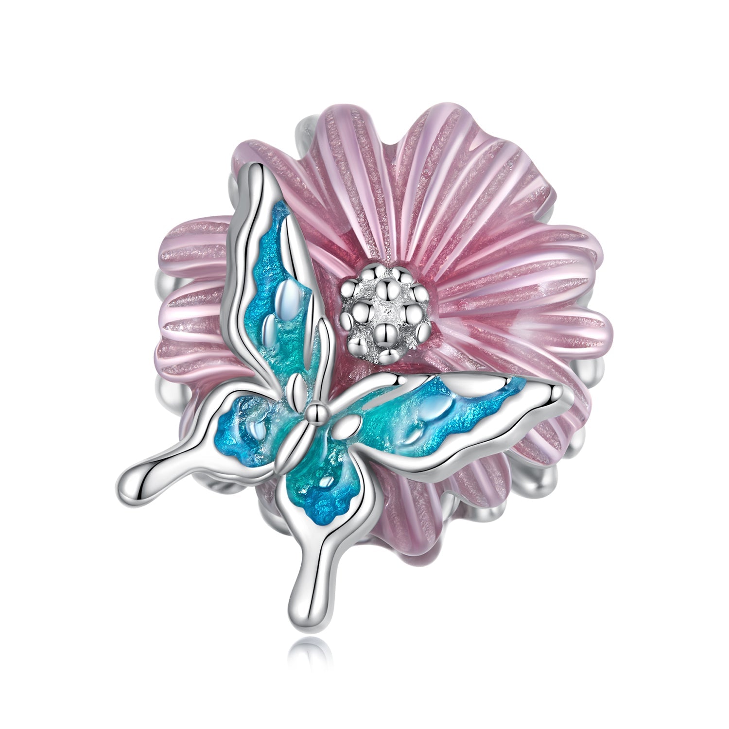 Silver Charm Blue Butterfly Pink Chrysanthemum Charm For Sale - sursenso Charm