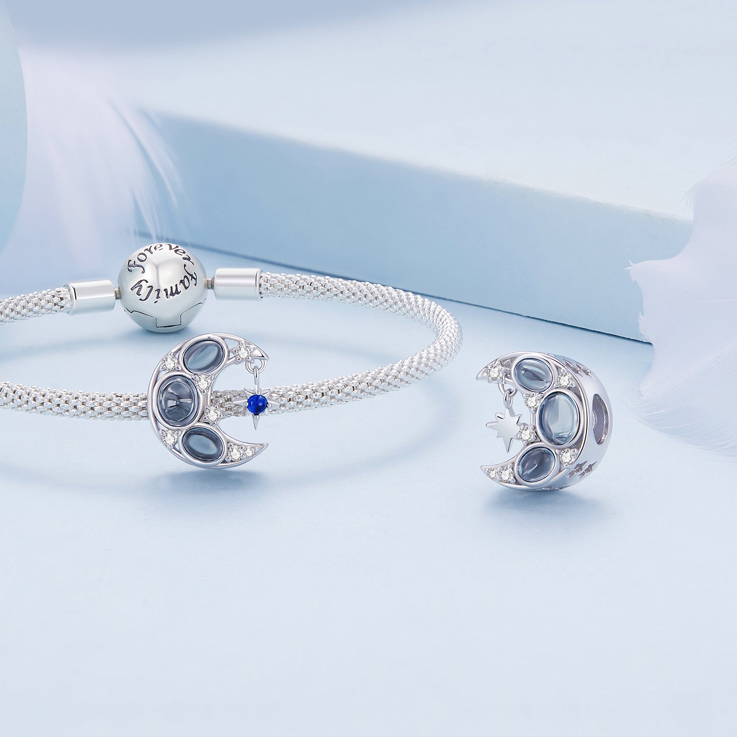 Silver Charm Blue Moon with Shinning Stars CZ Charm For Sale - sursenso Charm