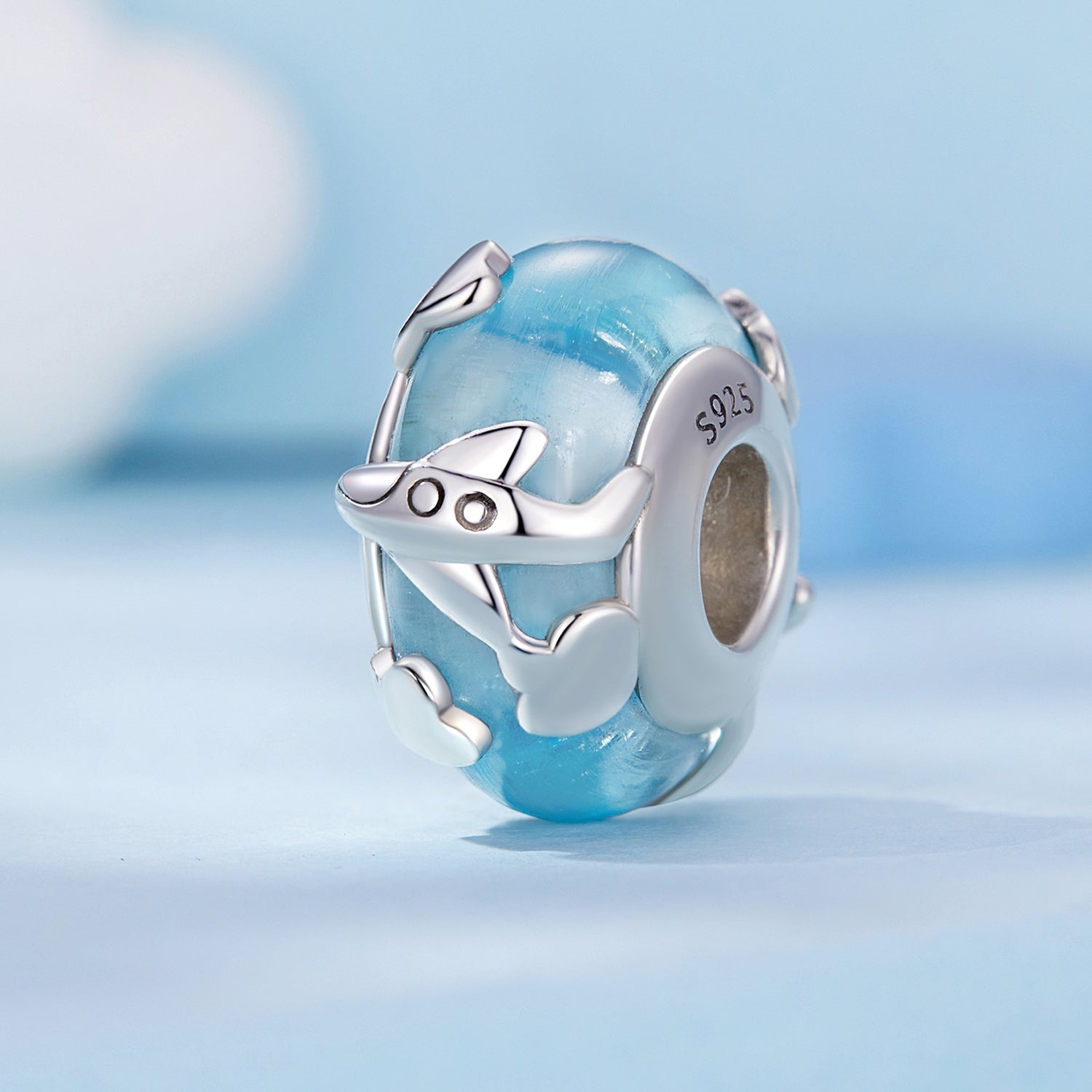 Silver Charm Blue Sky Clouds Airplane Glaze Stopper Charm For Sale - sursenso Charm