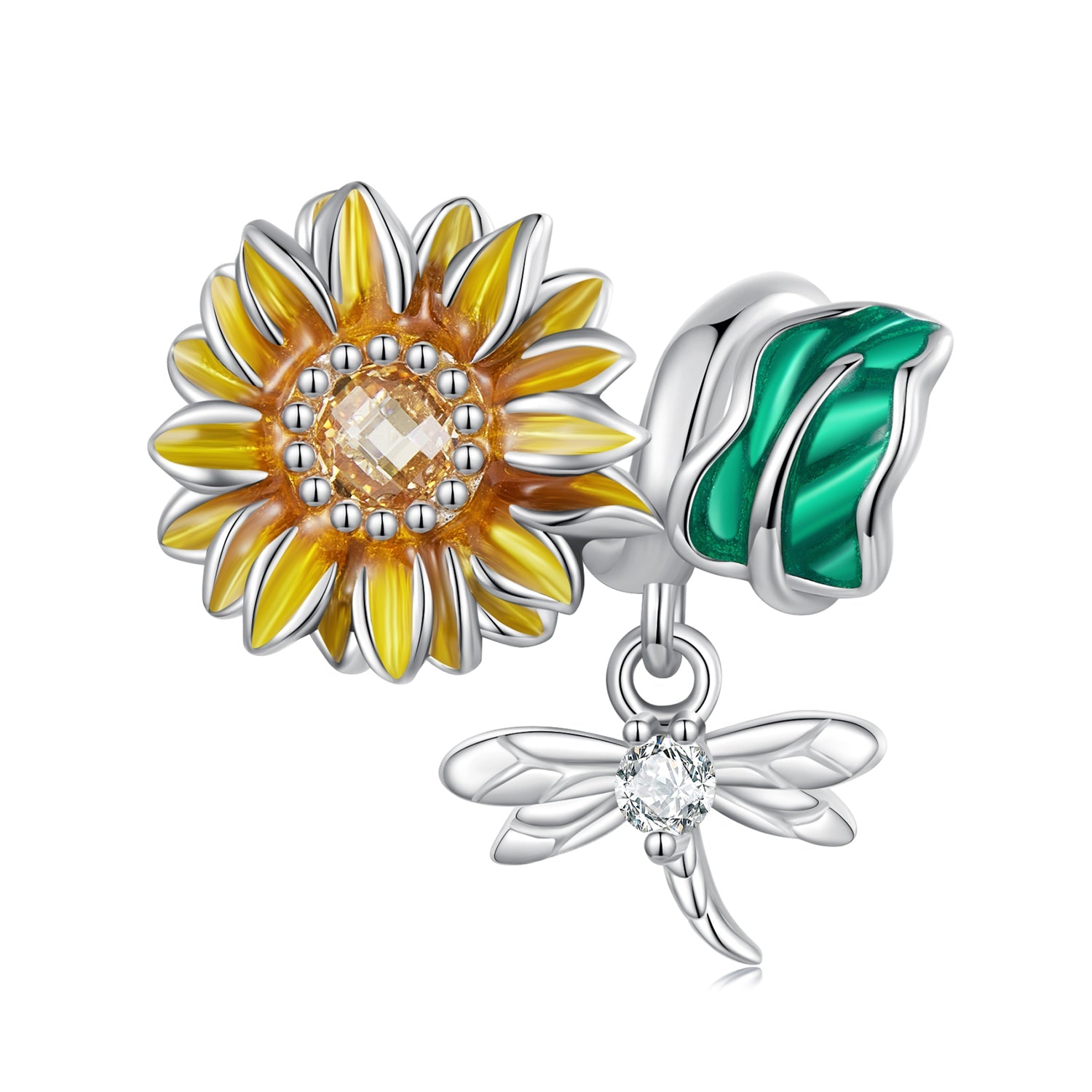 Silver Charm Bright Sunflower Dragonfly CZ Charm For Sale - sursenso Charm