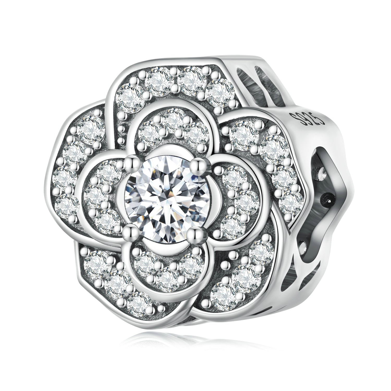 Silver Charm Camellia Full Shining CZ Charm For Sale - sursenso Charm