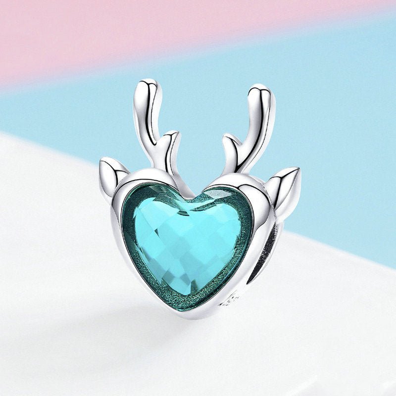 Silver Charm Christmas Elk Blue Heart Charm For Sale - sursenso Charm