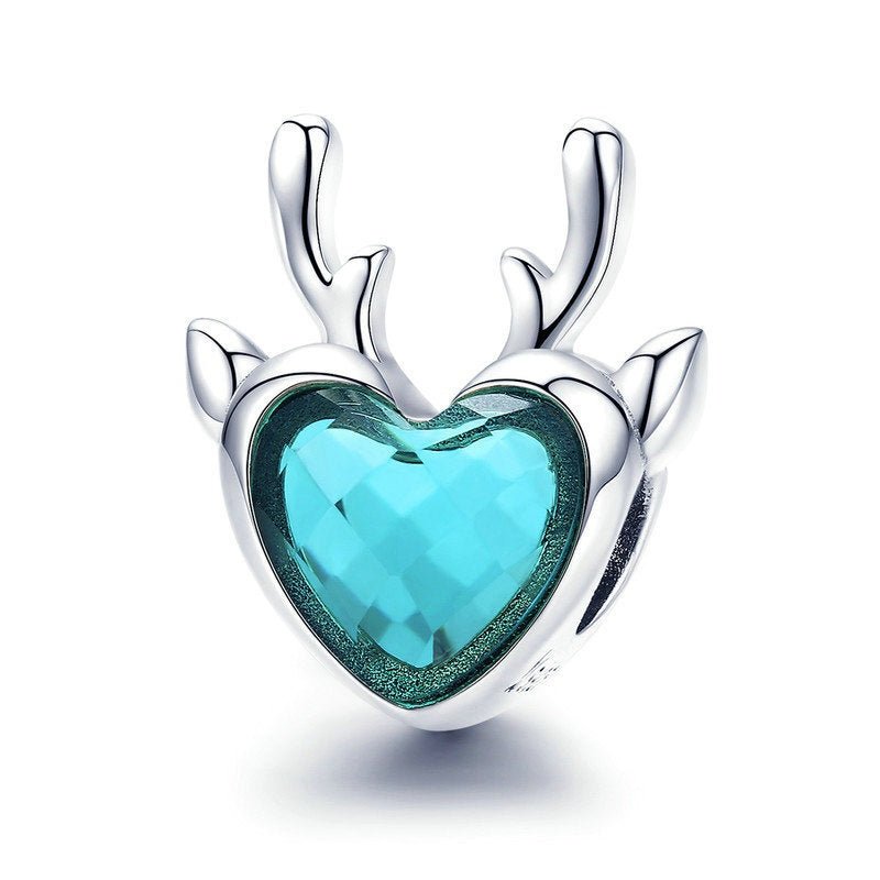 Silver Charm Christmas Elk Blue Heart Charm For Sale - sursenso Charm