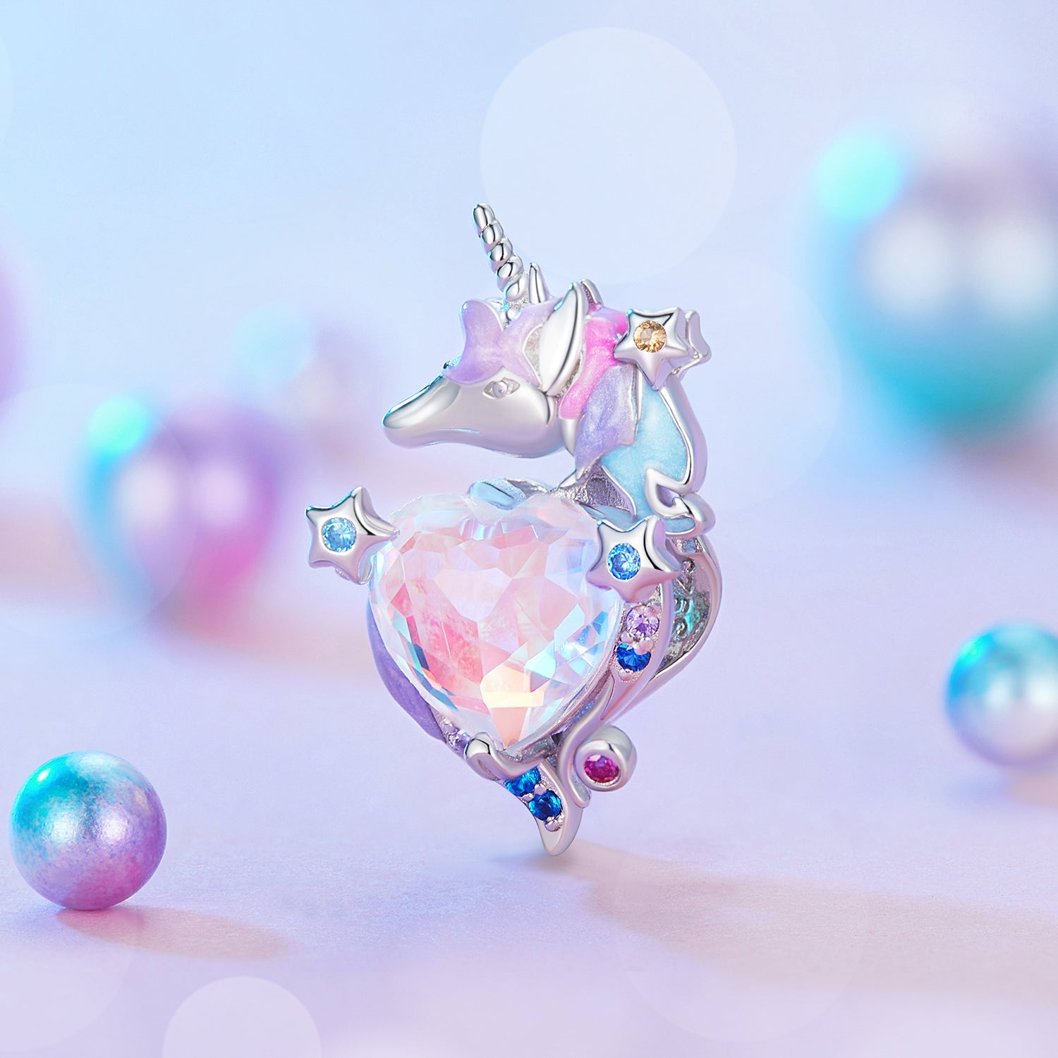 Silver Charm Fancy Heart Shaped Unicorn CZ Charm For Sale - sursenso Charm