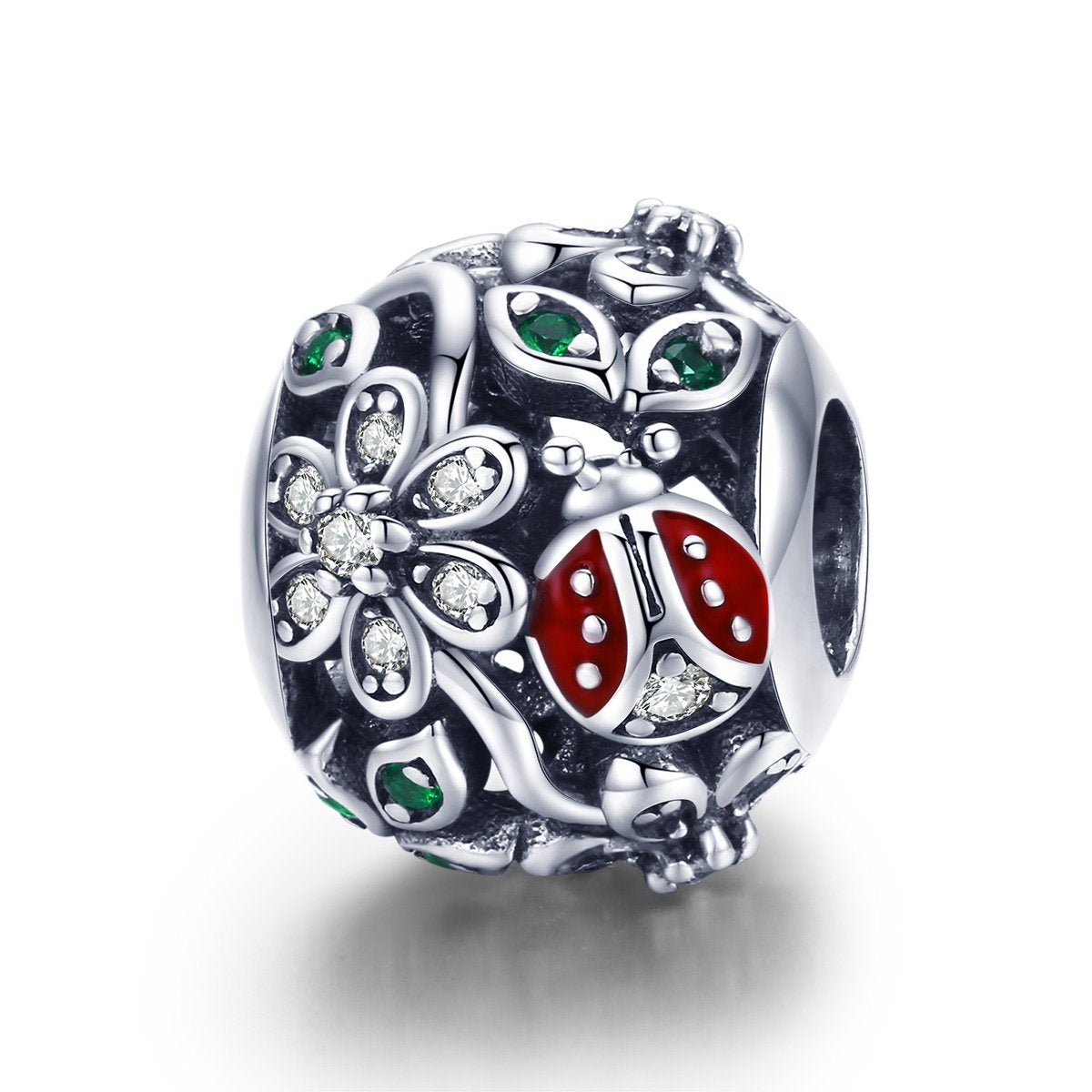 Silver Charm Floral Ladybird Garden Wonderland CZ Charm For Sale - sursenso Charm