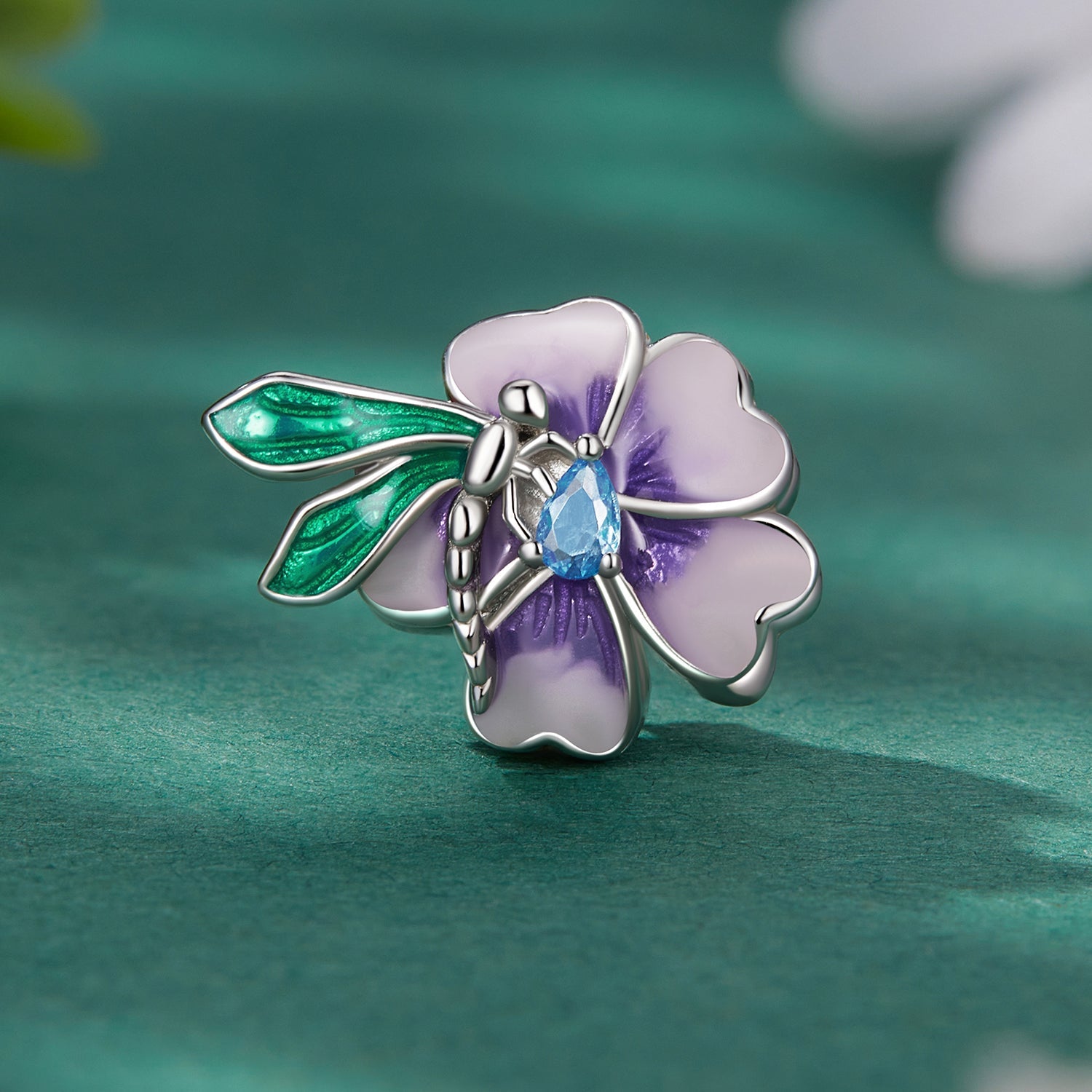 Silver Charm Green Dragonfly Purple Flowers Charm For Sale - sursenso Charm