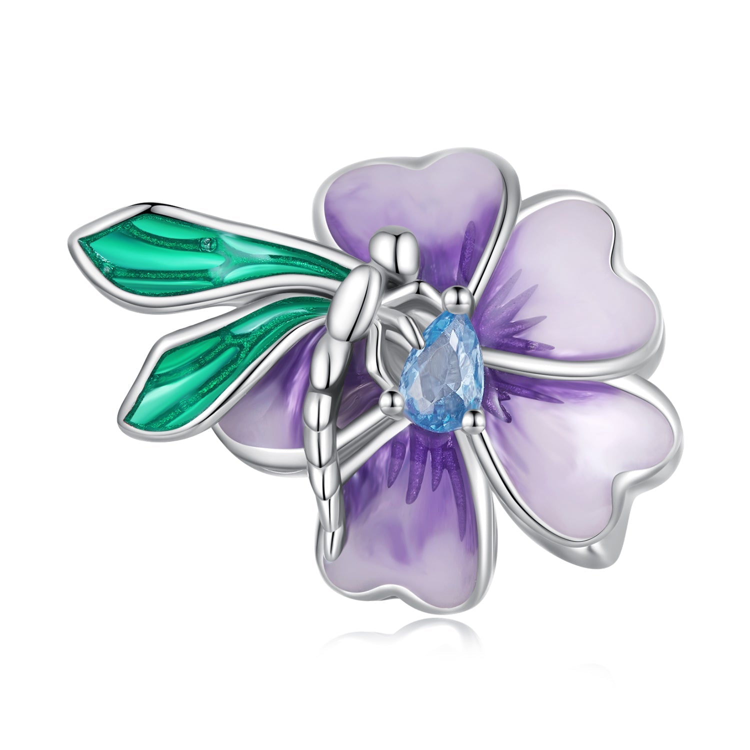 Silver Charm Green Dragonfly Purple Flowers Charm For Sale - sursenso Charm