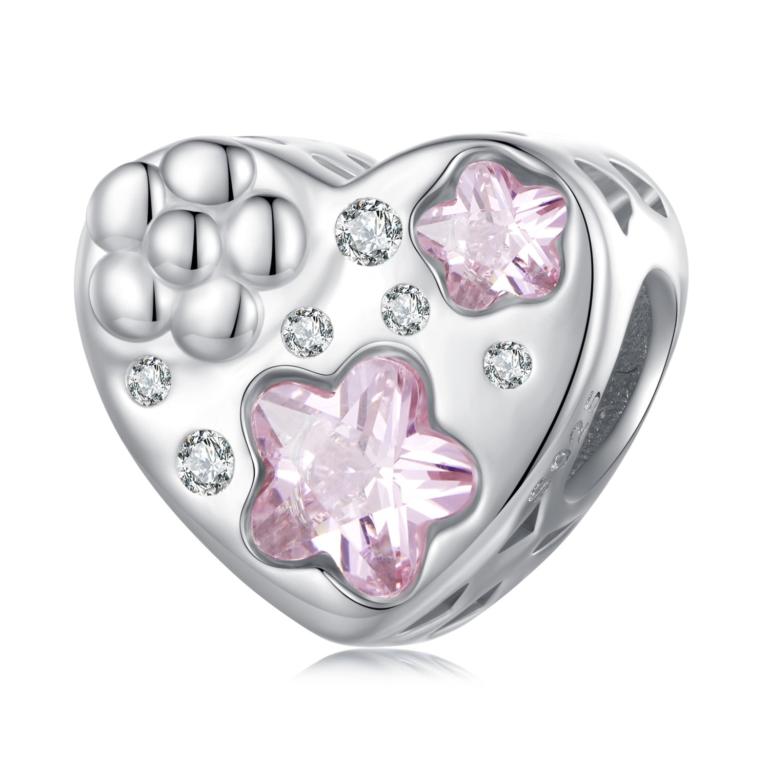 Silver Charm Heart Pink Stars Flowers CZ Charm For Sale - sursenso Charm
