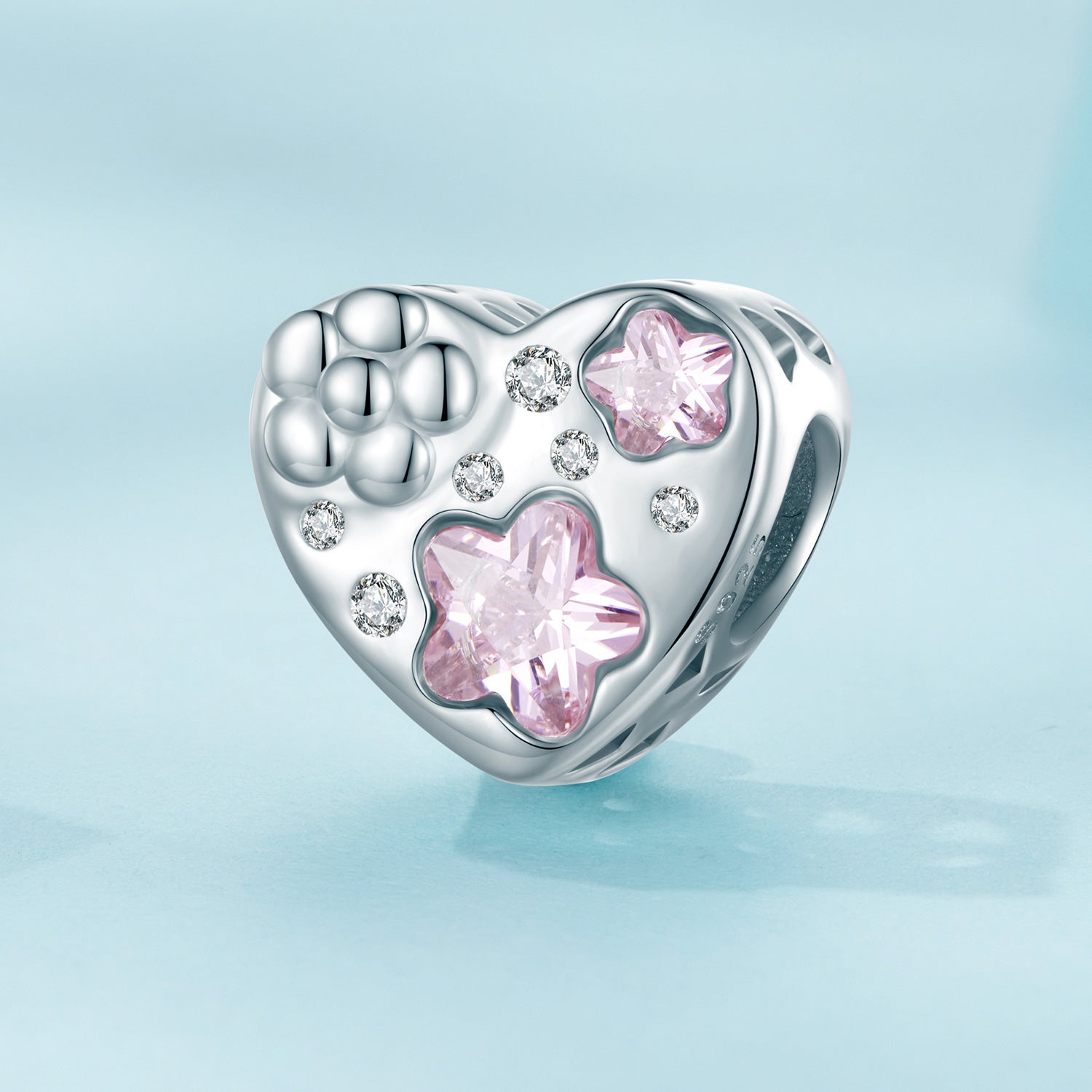 Silver Charm Heart Pink Stars Flowers CZ Charm For Sale - sursenso Charm