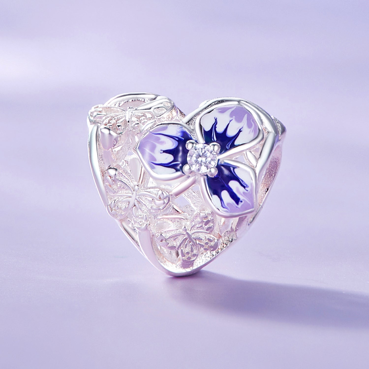 Silver Charm Heart Shape Pansy CZ Charm For Sale - sursenso Charm