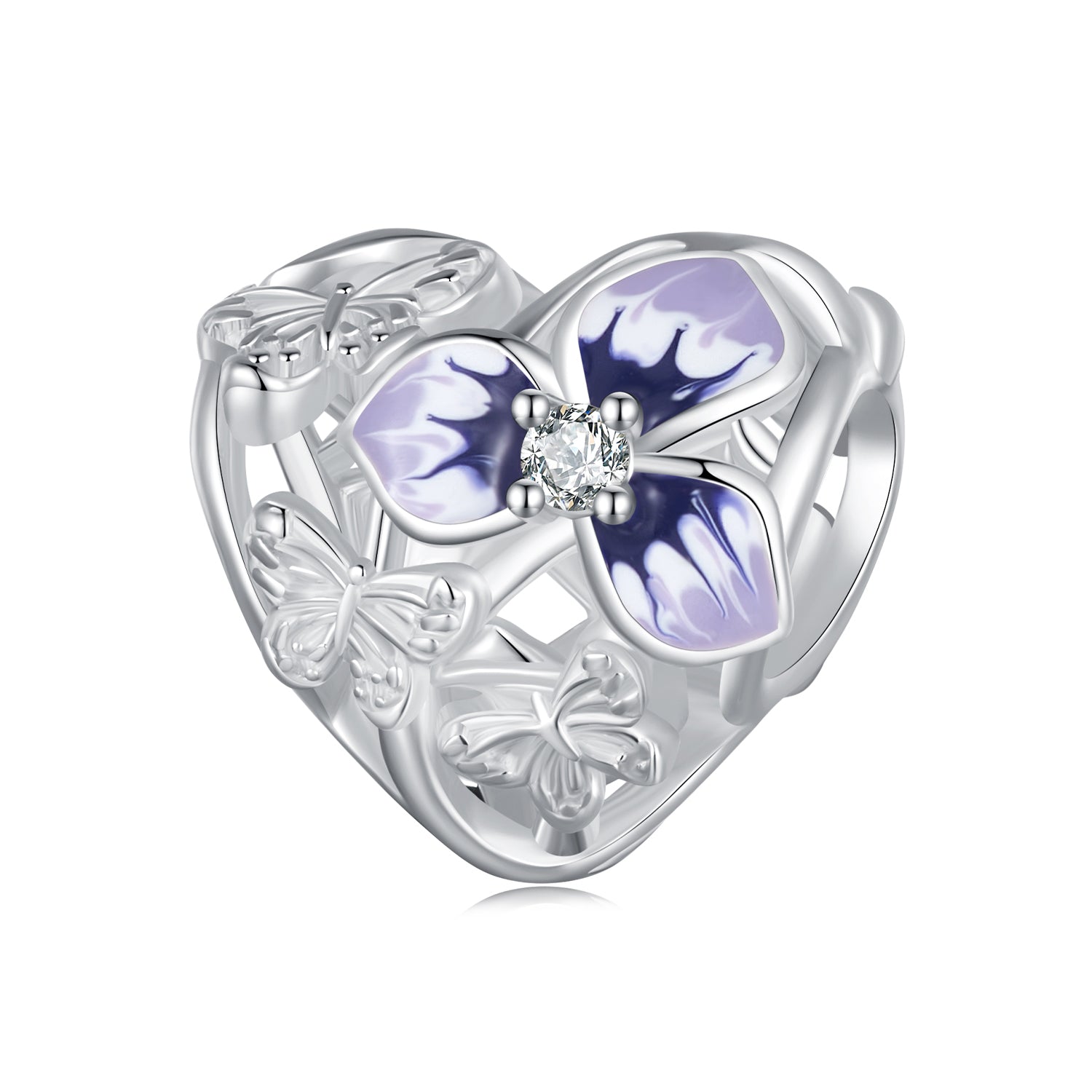 Silver Charm Heart Shape Pansy CZ Charm For Sale - sursenso Charm