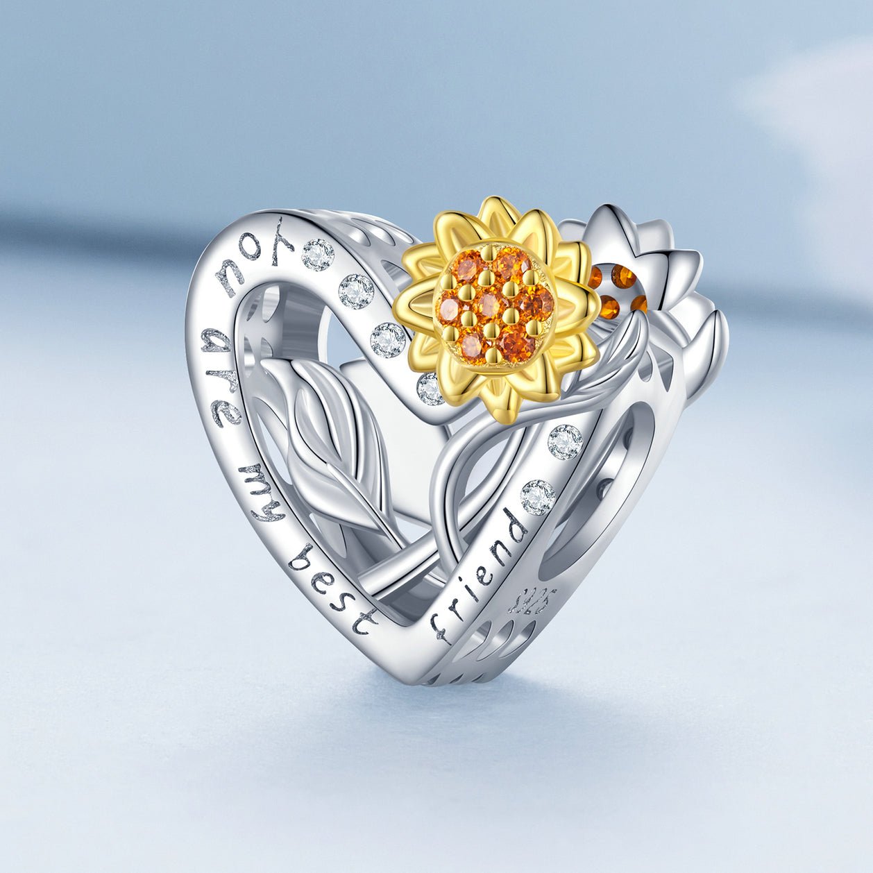Silver Charm Heart Shaped Sunflower Best Friend CZ Charm For Sale - sursenso Charm