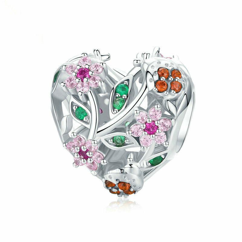 Silver Charm Ladybug and Flowers CZ Charm For Sale - sursenso Charm