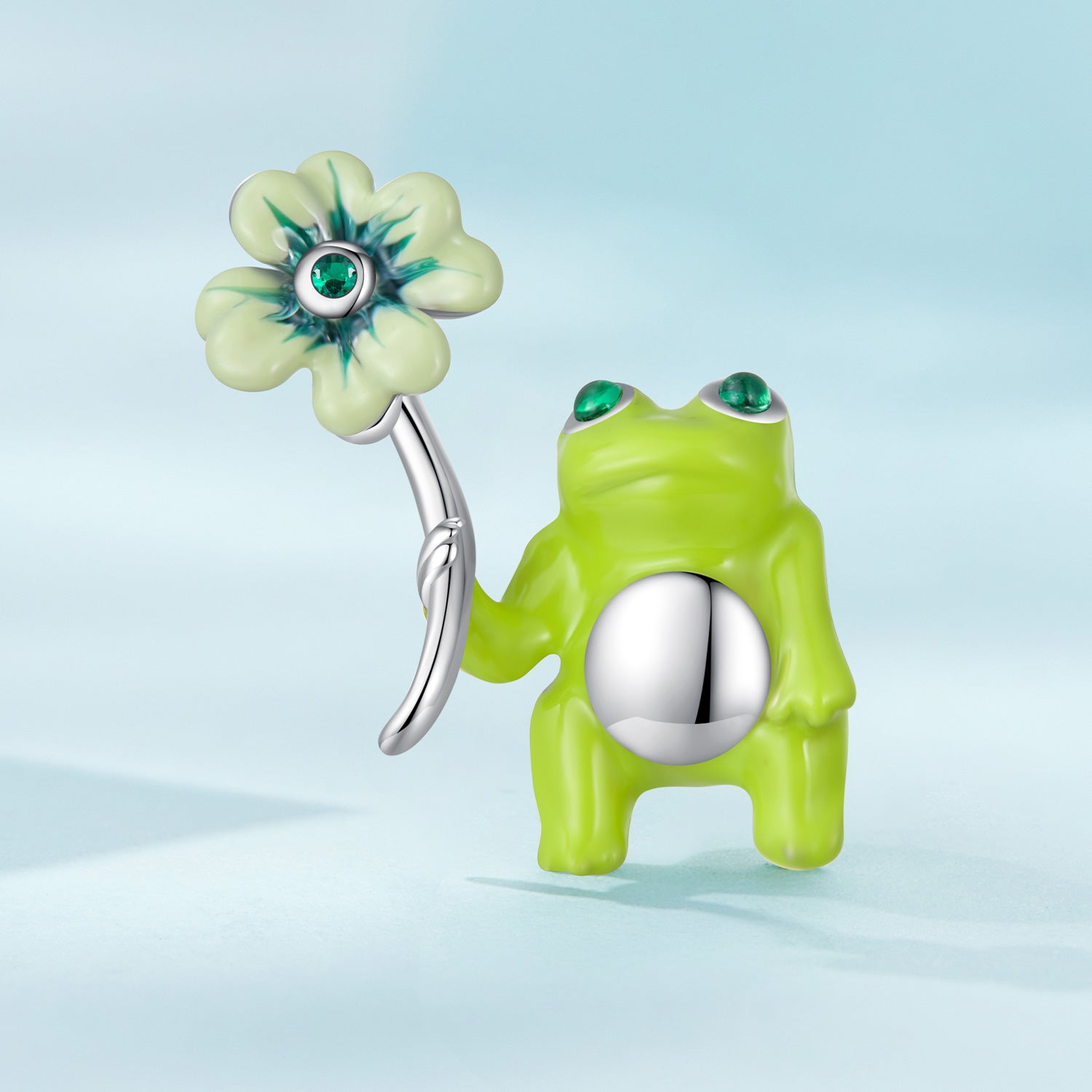 Silver Charm Lucky Four Leaf Clover Frog CZ Charm For Sale - sursenso Charm