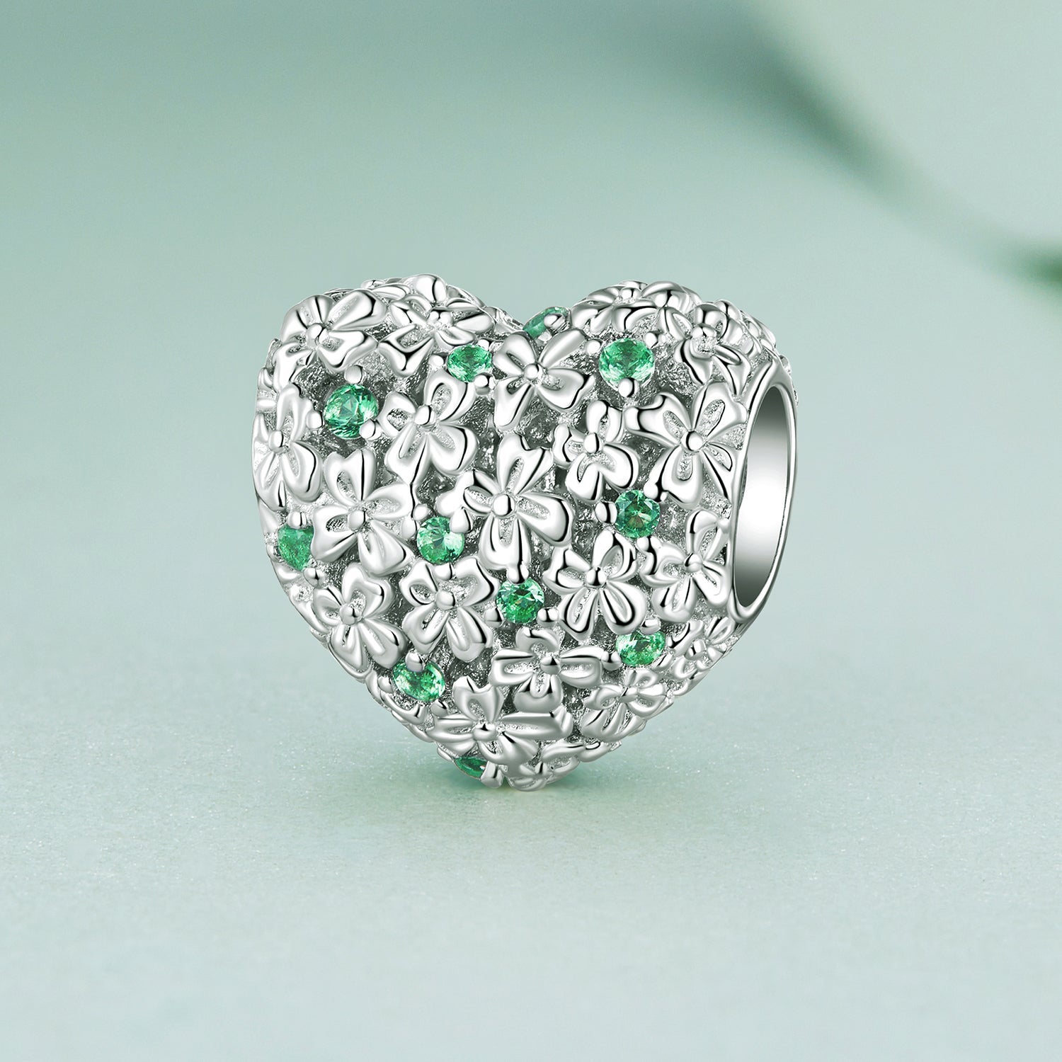 Silver Charm Lucky Heart Green CZ Charm For Sale - sursenso Charm