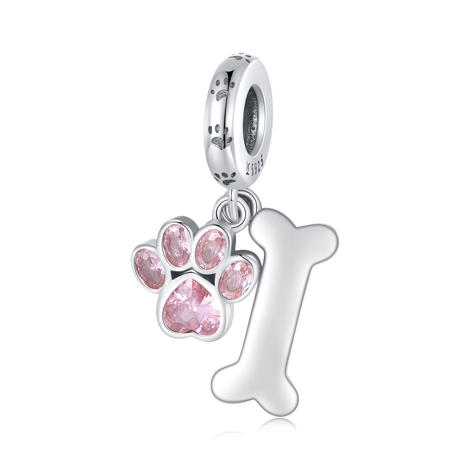 Silver Charm Pink Dog Paw & Bone CZ Dangle Charm For Sale - sursenso Pendant