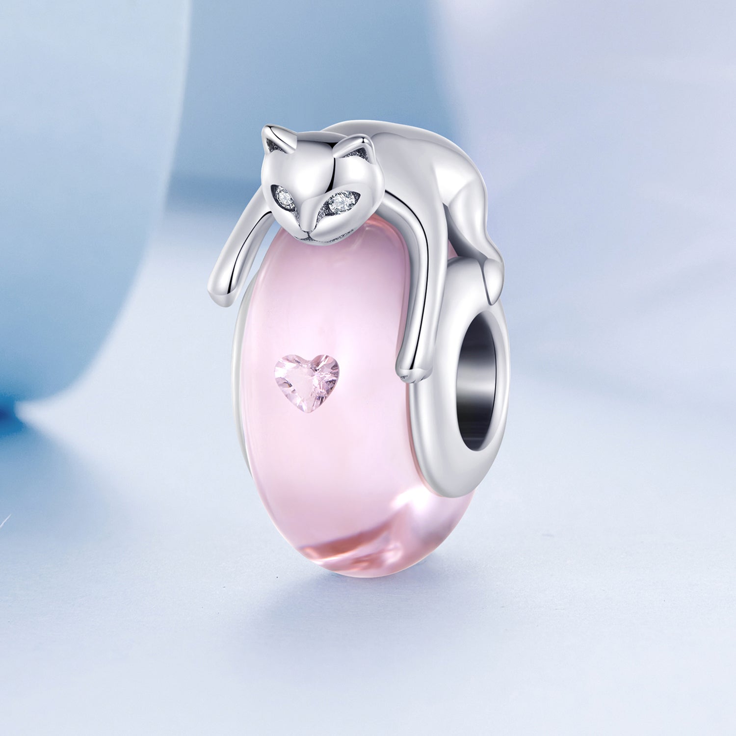 Silver Charm Pink Glass Cat CZ Stopper Charm For Sale - sursenso Charm