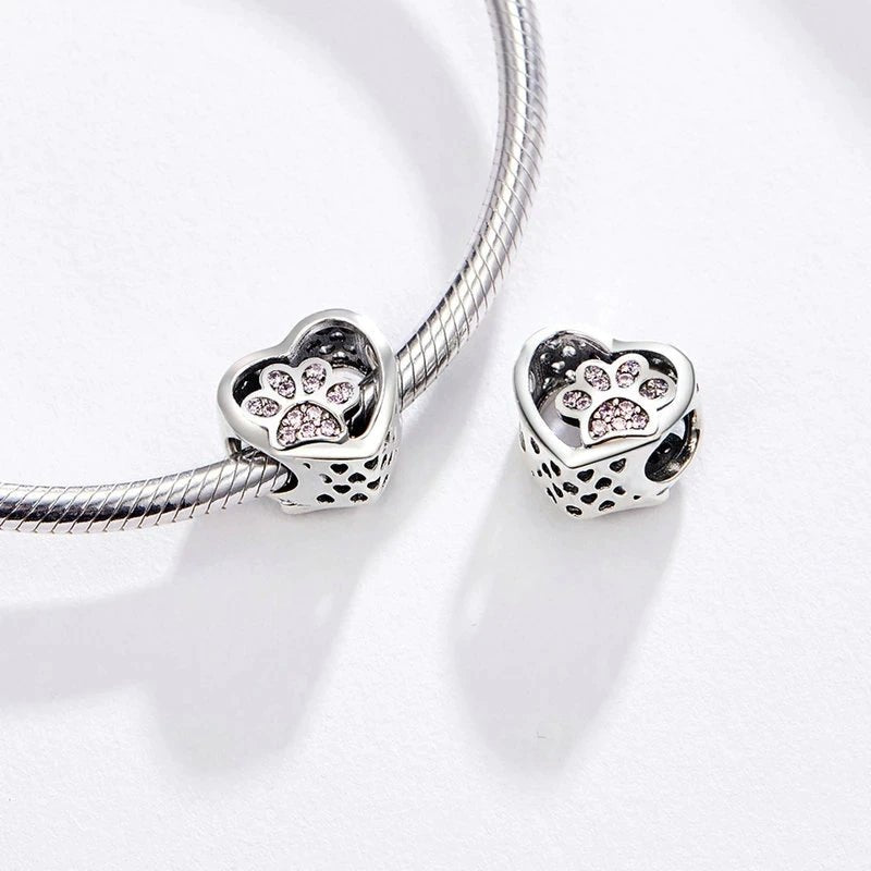 Silver Charm Pink Sweet Pet Cat Paw CZ Charm For Sale - sursenso Charm