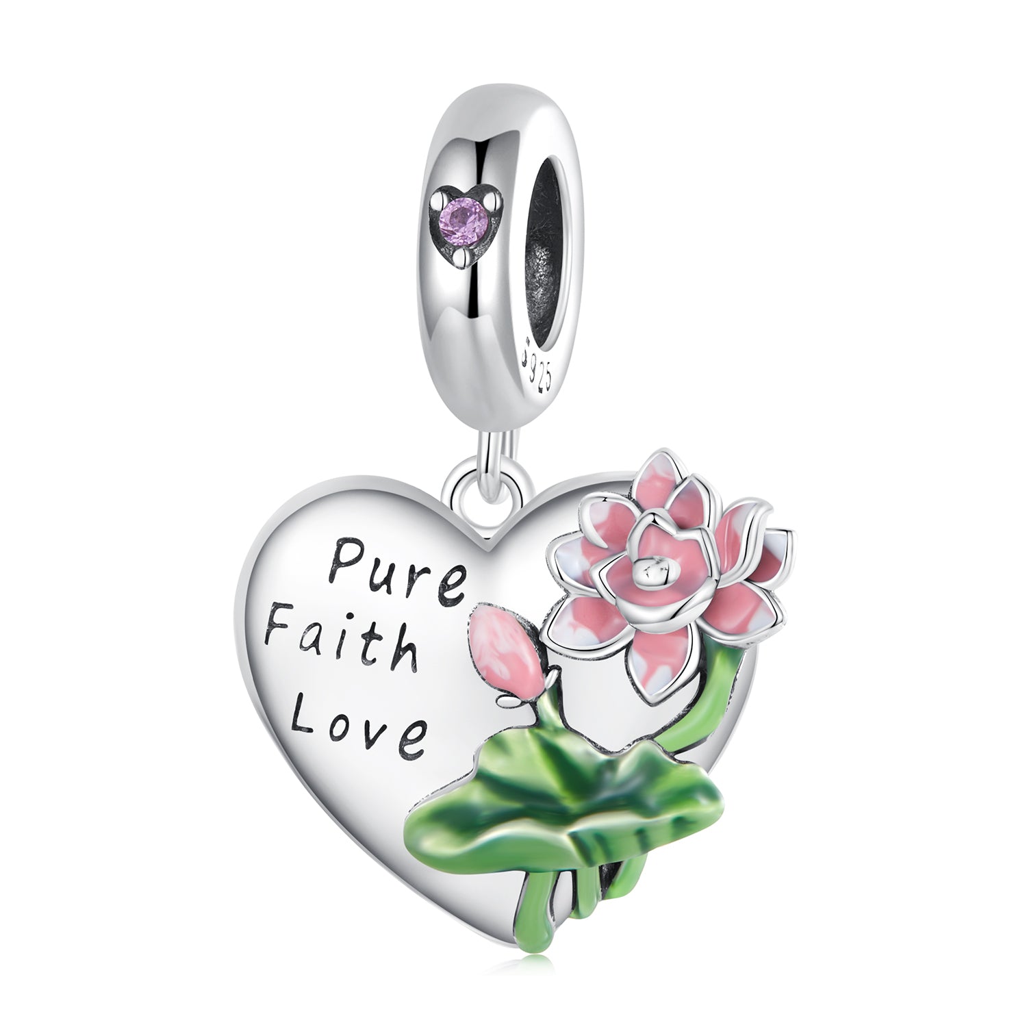 Silver Charm Pure Faith Love Lotus Flower CZ Charm For Sale - sursenso Charm