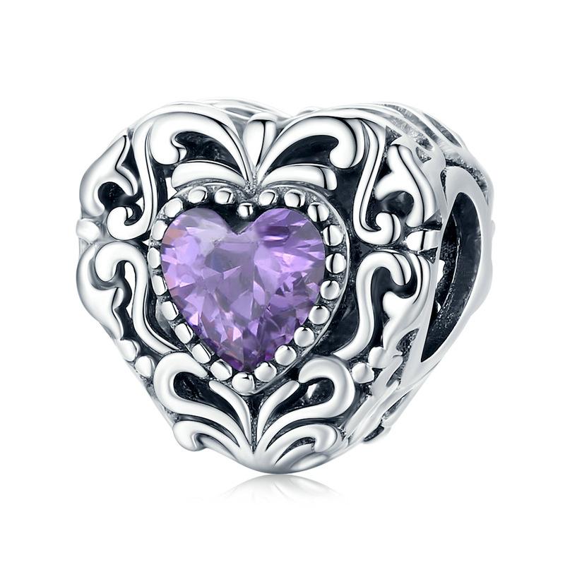 Silver Charm Purple Crystal Bead Pattern Heart CZ Charm For Sale - sursenso Charm