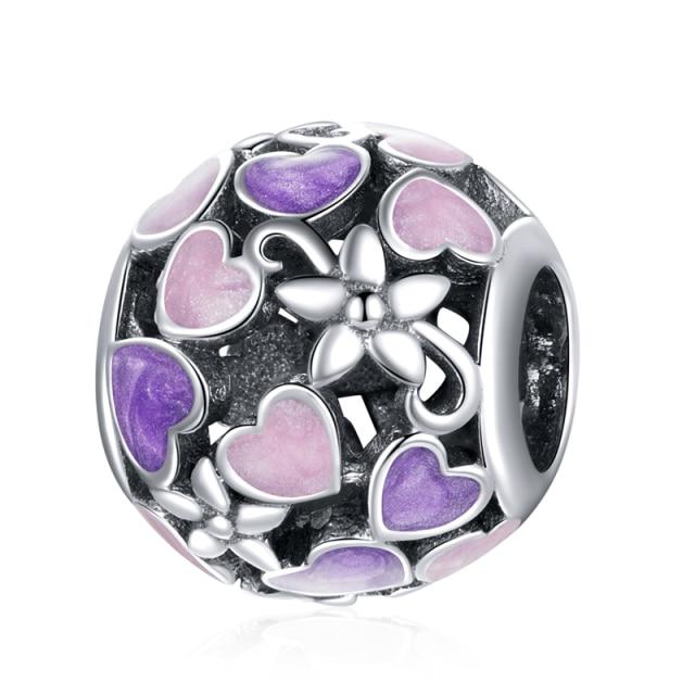 Silver Charm Purple Crystal Heart Bead Pattern Round Charm For Sale - sursenso Charm