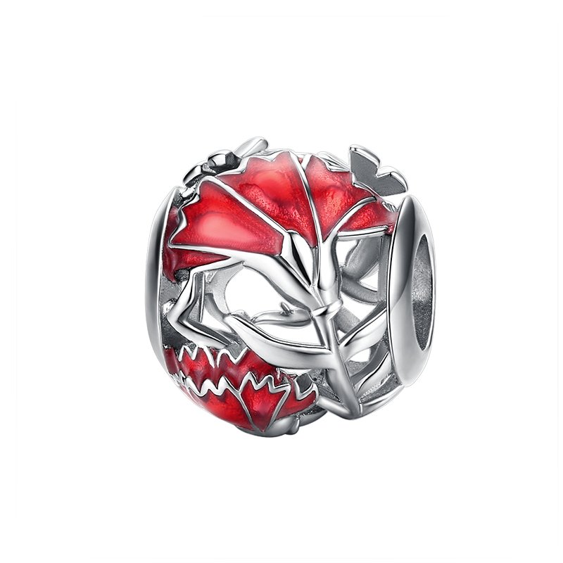 Silver Charm Red Enamel Beads Carnation Charm For Sale - sursenso Charm