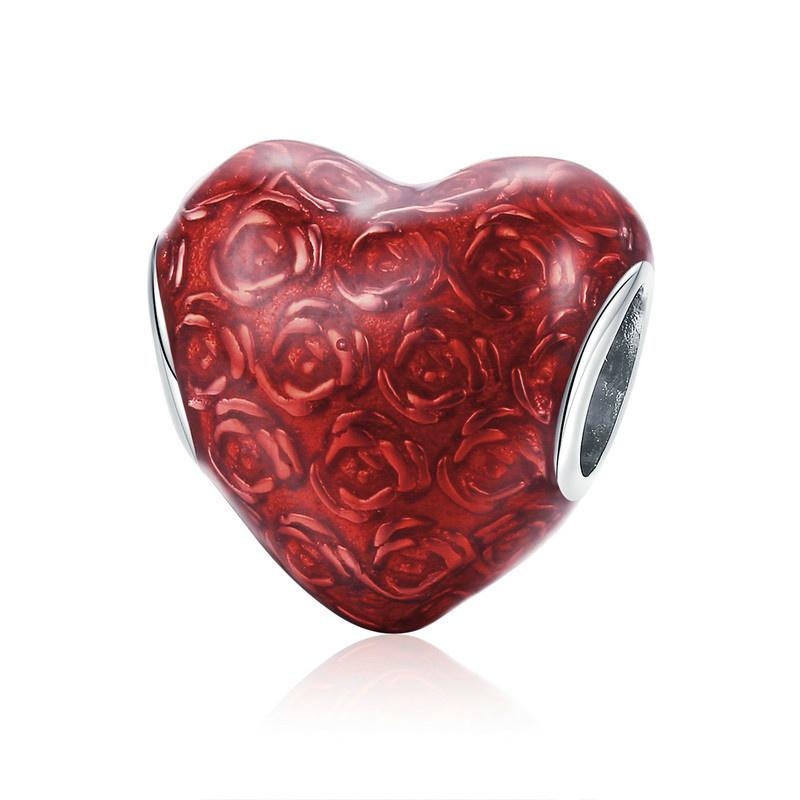 Silver Charm Red Rose Flower in Heart Charm For Sale - sursenso Charm