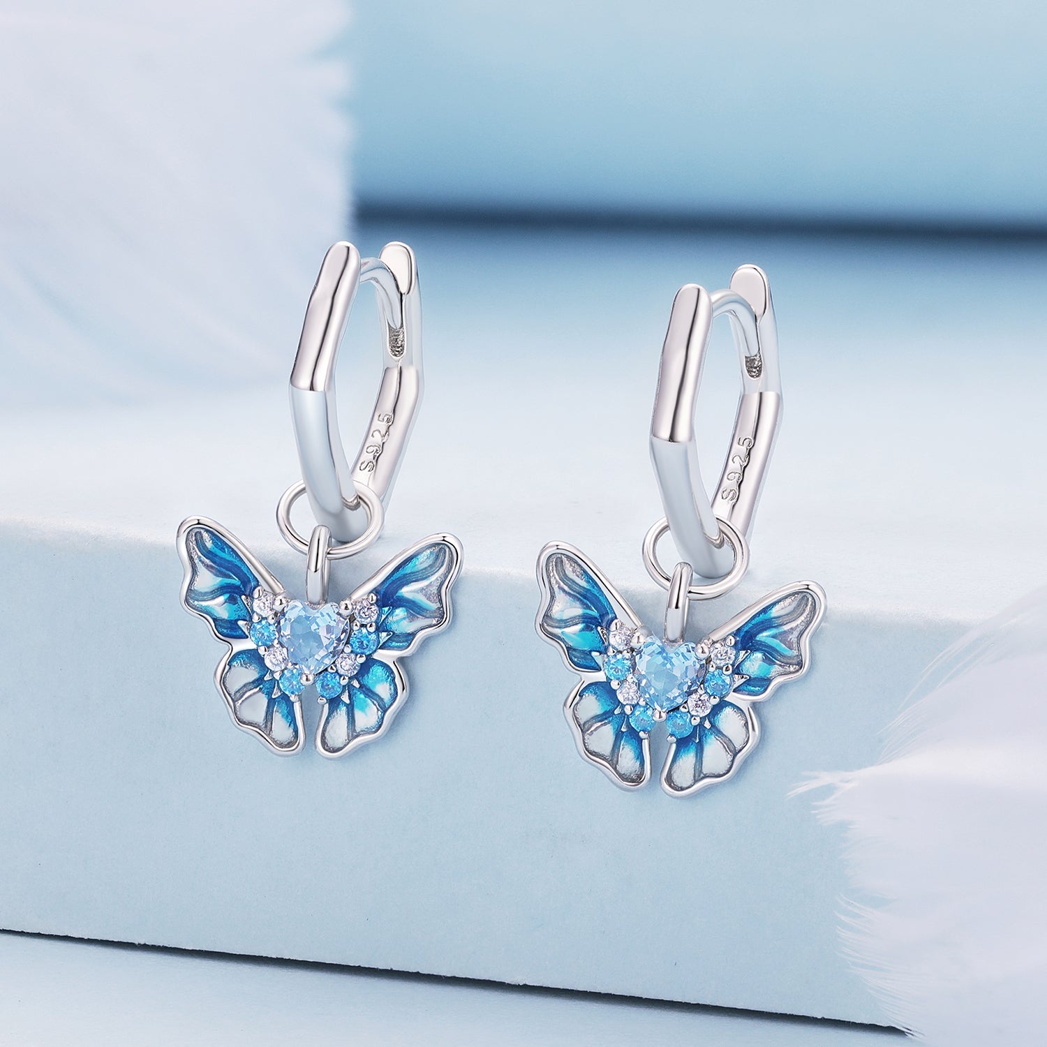 Silver Earrings Blue Butterfly Gradient Dripping Oil Pendant Drop CZ Hoop Earrings For Sale - sursenso Earring