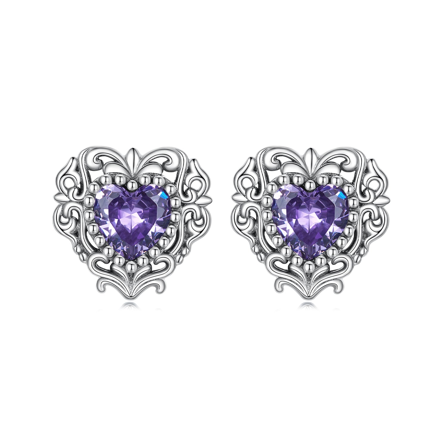 Silver Earrings Brilliant Purple Heart CZ Stud Earrings For Sale - sursenso Earring