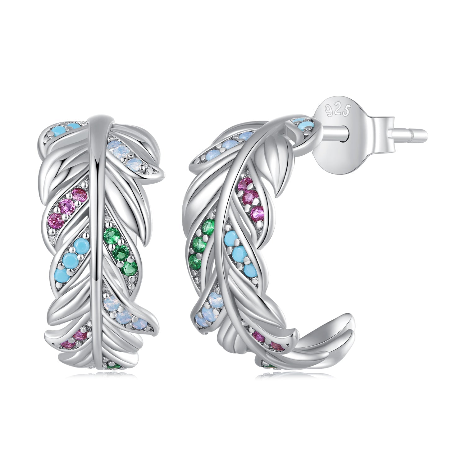 Silver Earrings Colored Feather CZ Stud Earrings For Sale - sursenso Earring