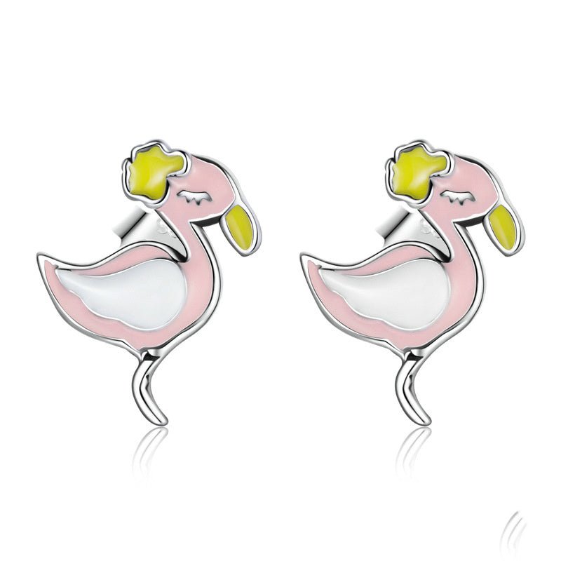 Silver Earrings Cute Pink Flamingo Enamel Stud Earrings For Sale - sursenso Earring