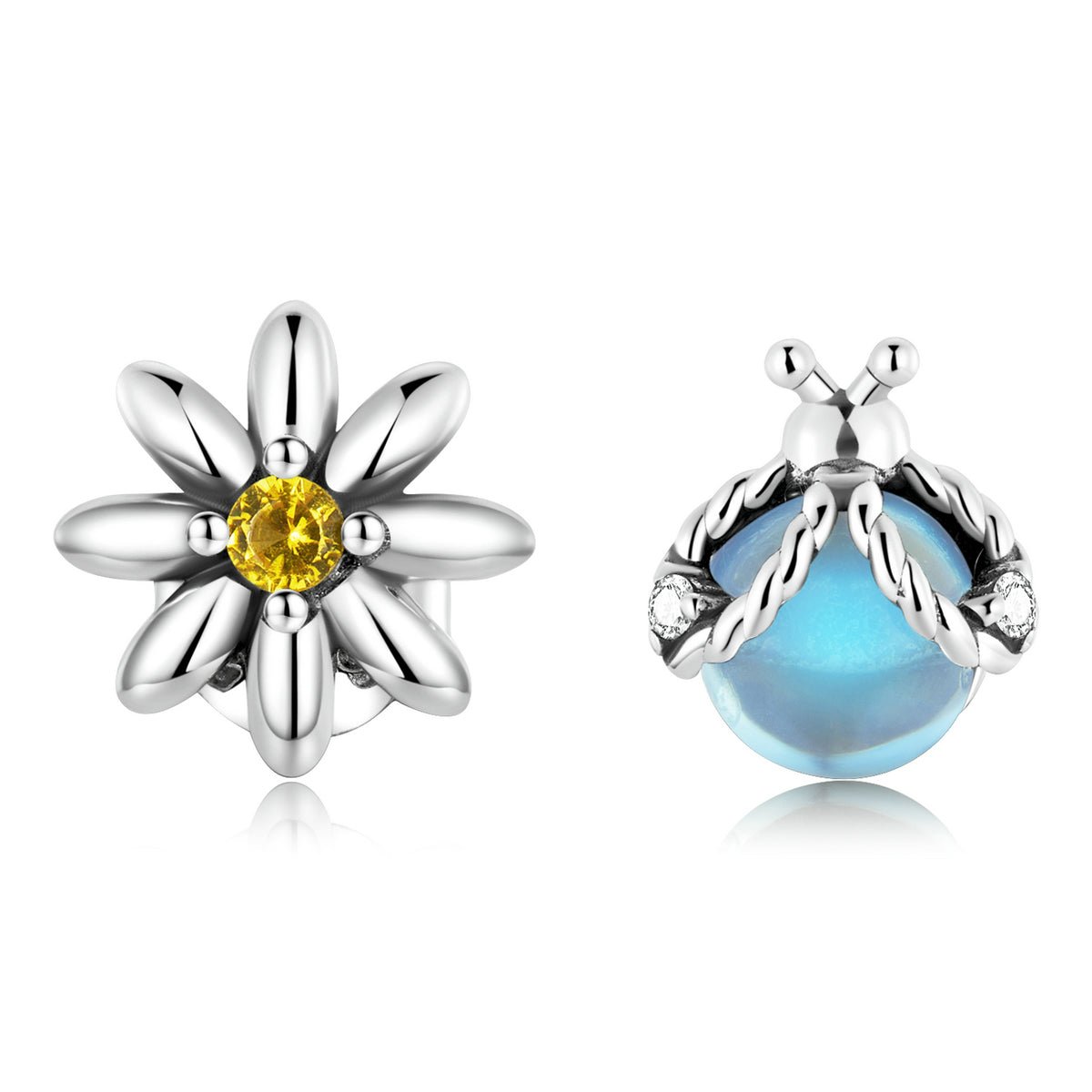 Silver Earrings Daisy & Ladybug Asymmetrical Design CZ Stud Earrings For Sale - sursenso Earring