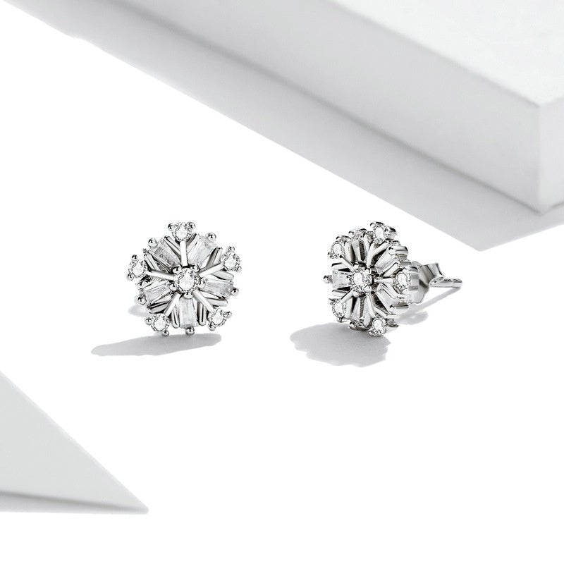 Silver Earrings Fashion Sparkling Snowflake CZ Stud Earrings For Sale - sursenso Earring
