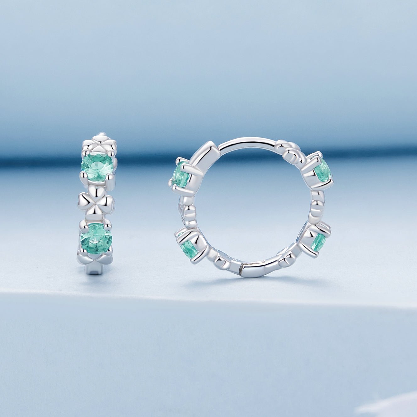 Silver Earrings Four Leaf Clover Green Glass Hoop Earrings For Sale - sursenso Earring