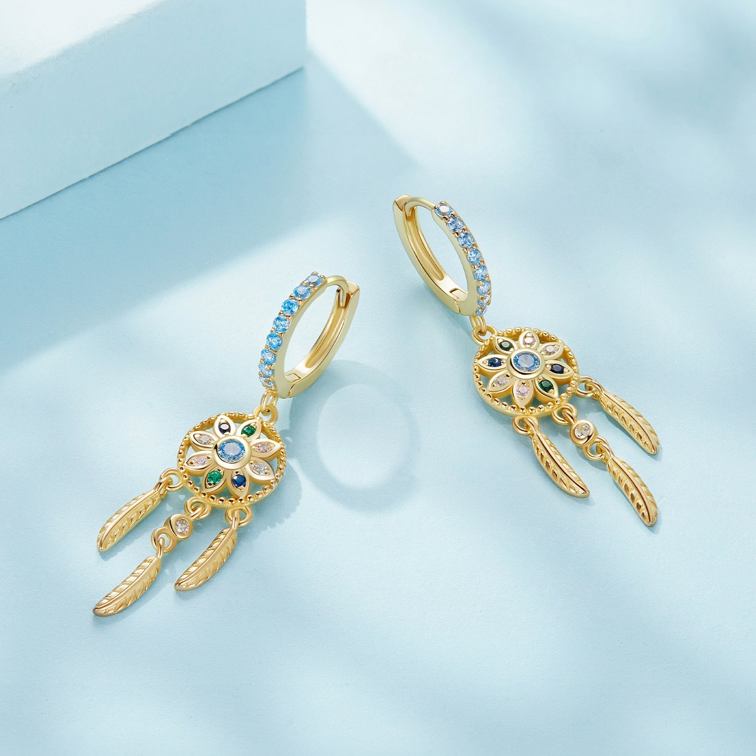 Silver Earrings Golden Dreamcatcher Pendant Drop CZ Hoop Earrings For Sale - sursenso Earring