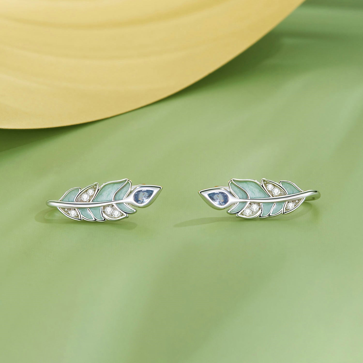 Silver Earrings Green Feather CZ Stud Earrings For Sale - sursenso Earring